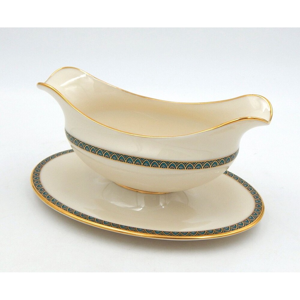 Lenox Patriot Bone China Gravy with Attached Underplate Green Gold Arch Border